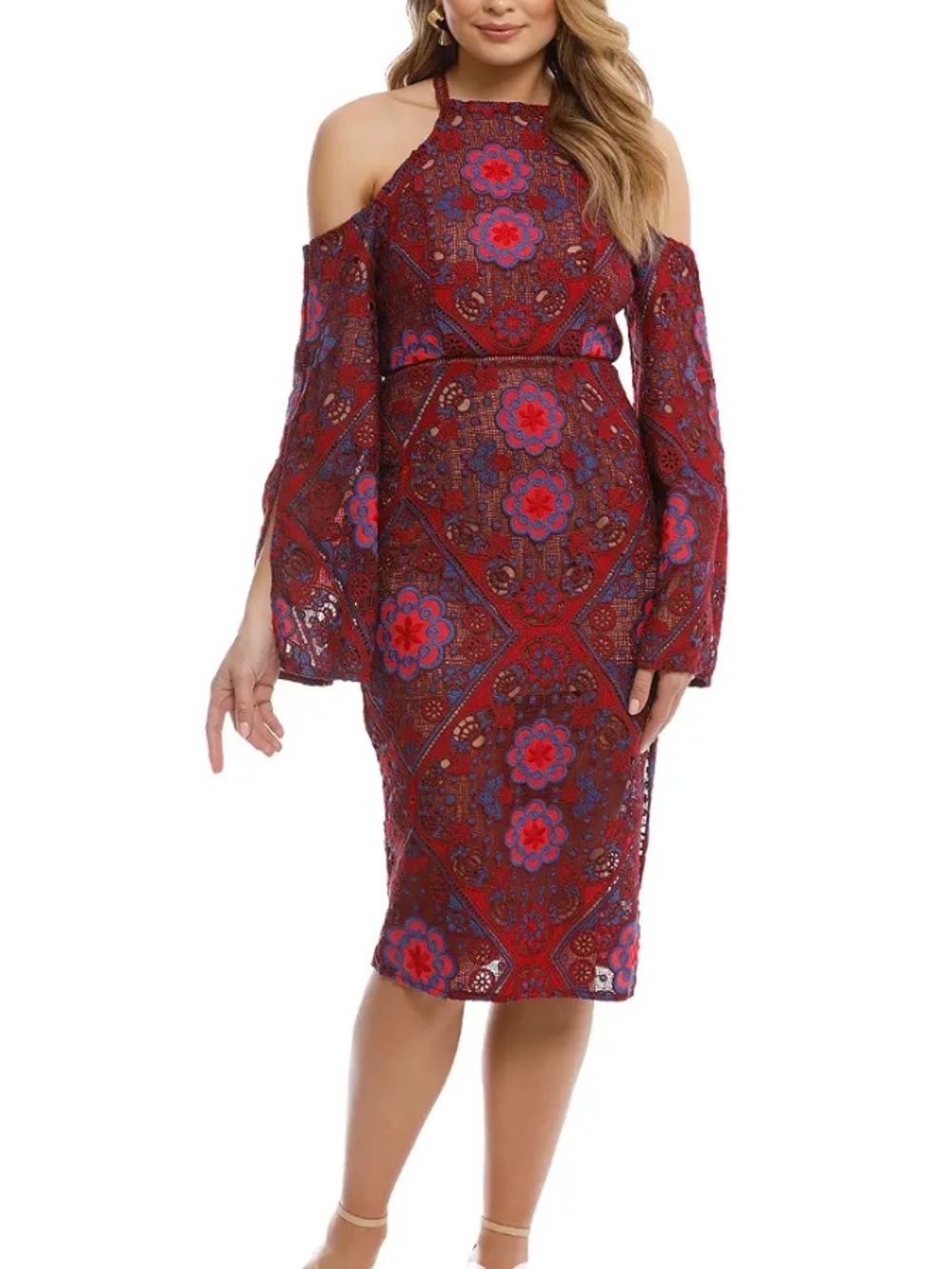 ELLIATT “Renaissance” Embroidered Lace Midi Dress | Burgundy Multi | XS